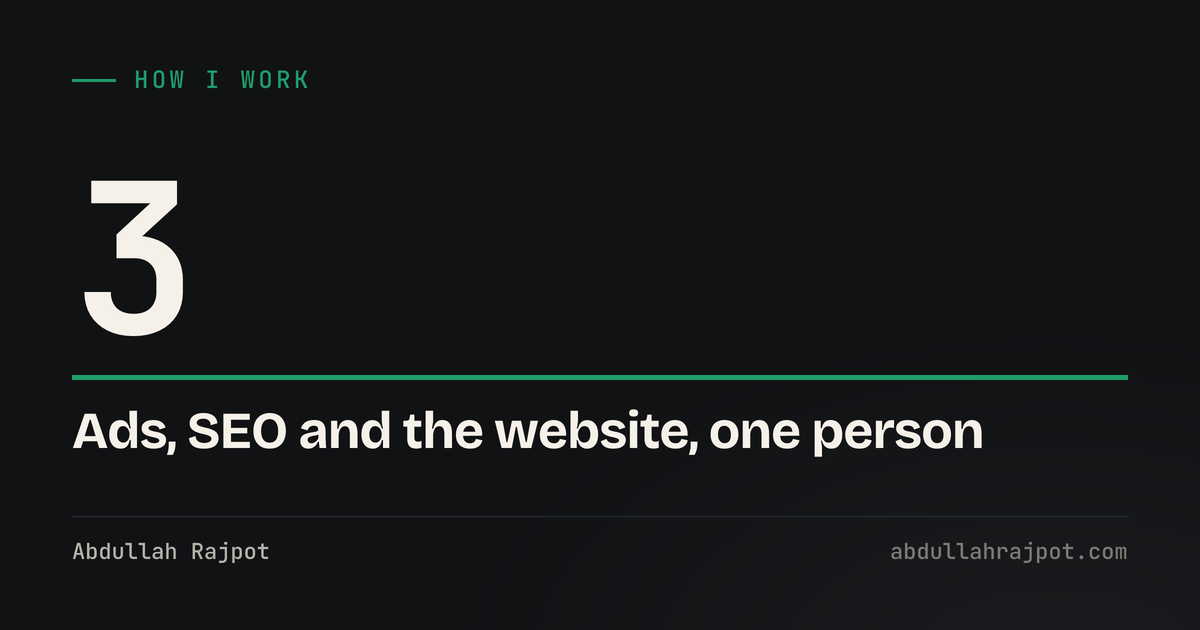 One person marketing team card showing the number three, ads, SEO and website run by one person